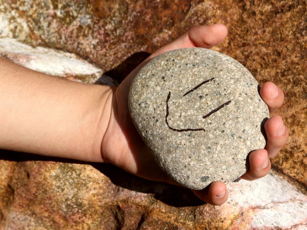 a hand holding a rock with a smiley face drawn on it