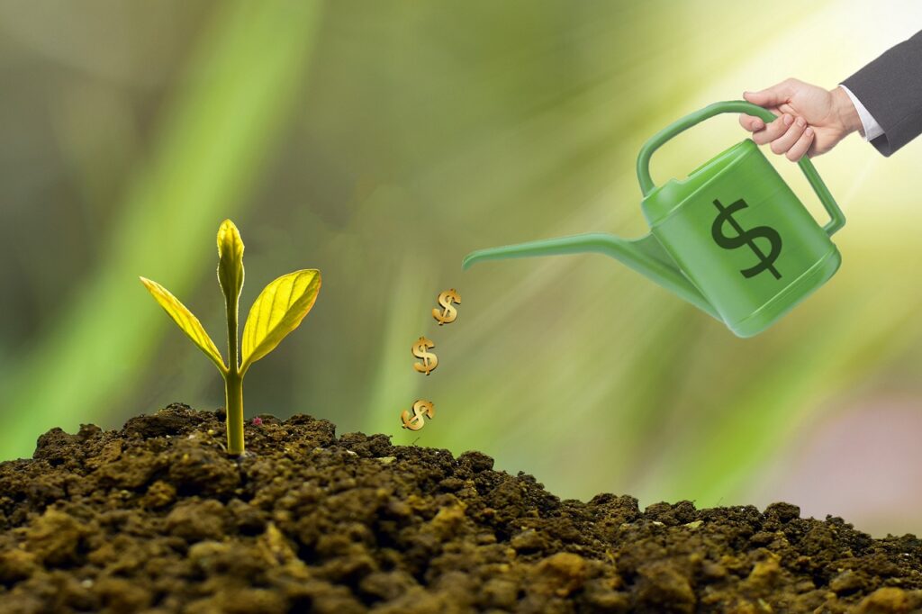 investment, watering can, dollar